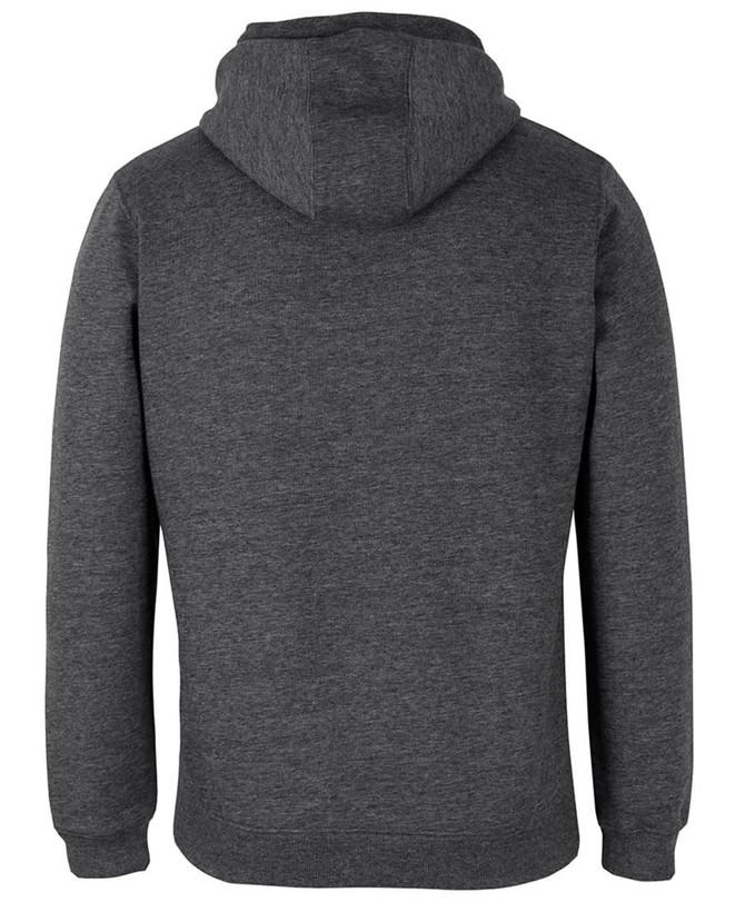 A grey 1/2 zip hoodie with a hood, featuring a logo on the back.