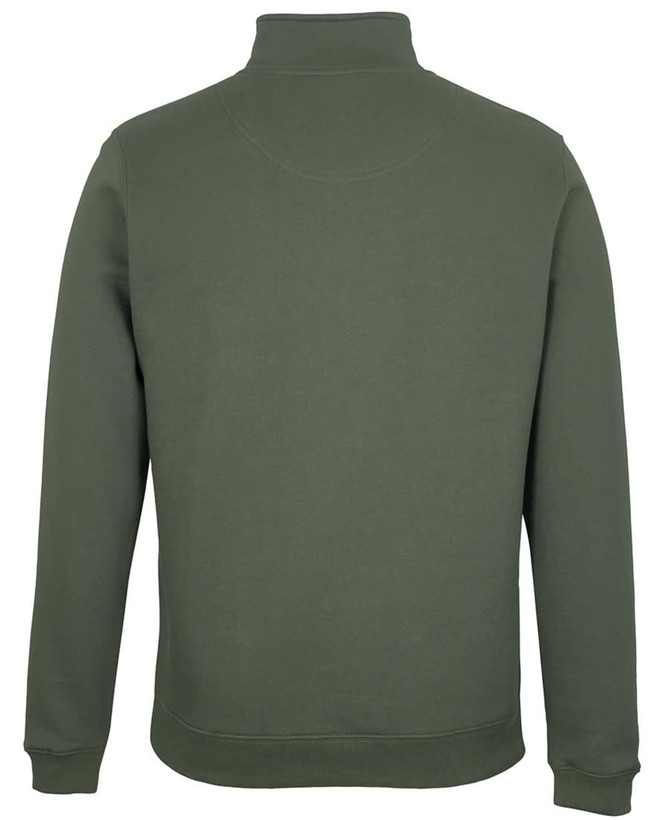A green 1/2 zip sweat jumper with a high collar and long sleeves, featuring a logo on the back.