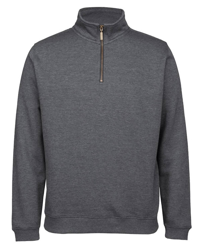 A dark grey 1/2 zip sweatshirt with a high collar and a zippered fastening, featuring a branding logo.