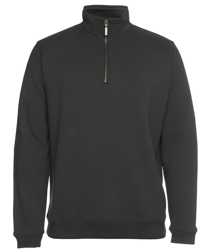 A black 1/2 zip sweatshirt featuring a high collar and a gold zip. It has a simple design with a branded logo.