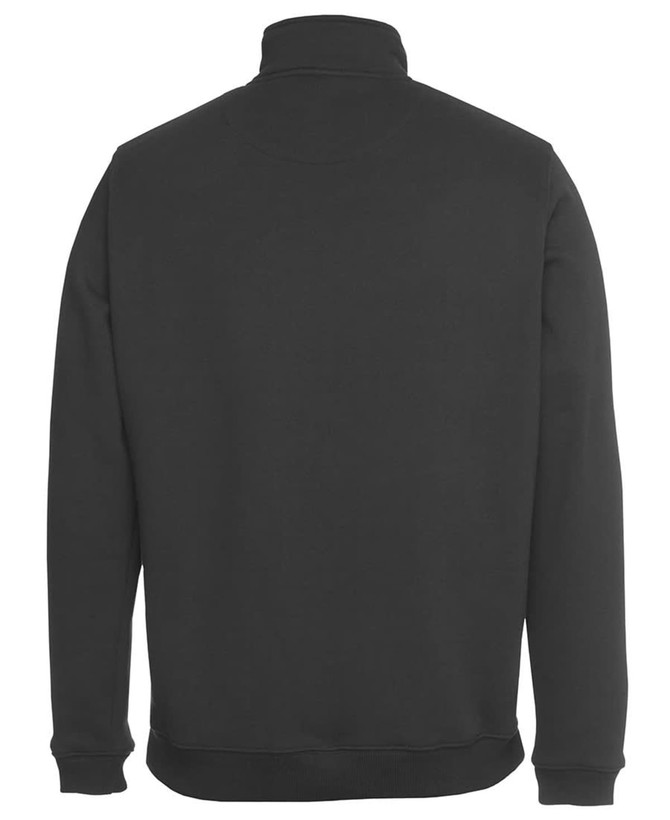 A black 1/2 zip sweat jumper with a high collar and ribbed hem, featuring a logo on the back.
