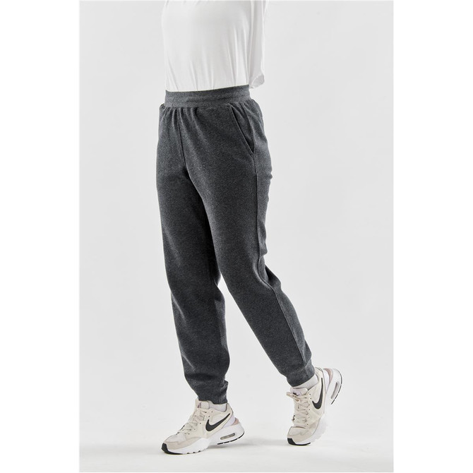 A pair of women's grey fleece jogger pants with an elastic waistband and side pockets. Contains branding.