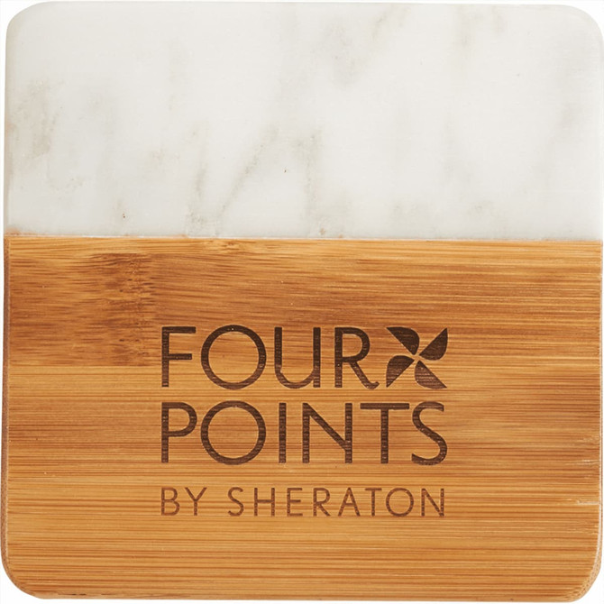 A marble and bamboo coaster featuring a light marble top and a bamboo base, with a logo on the surface.
