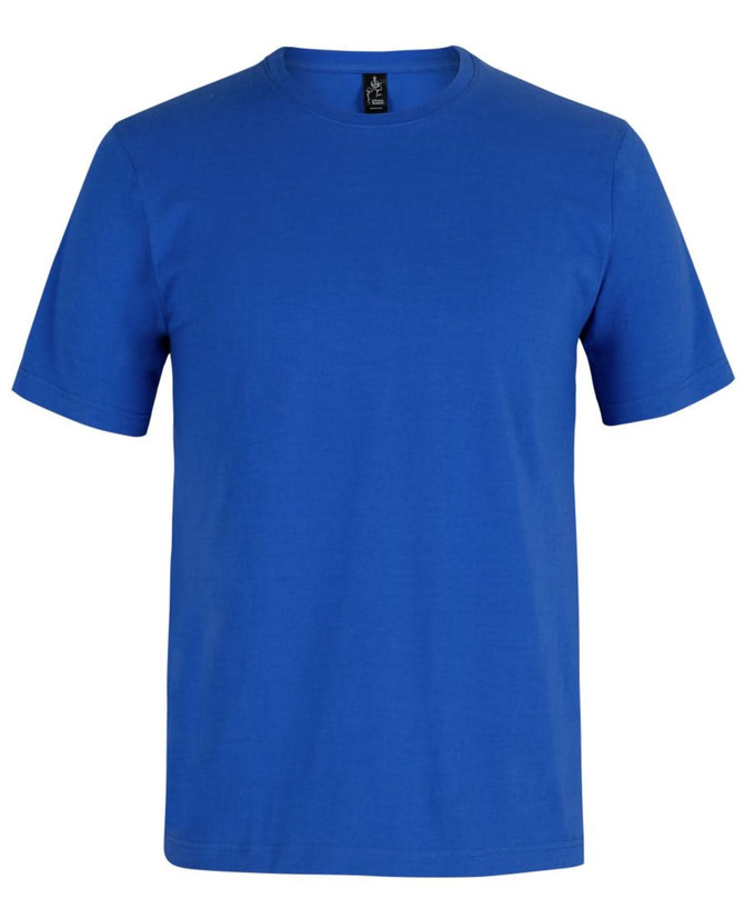 A blue t-shirt with a round neck and short sleeves, featuring a label and no visible graphics.
