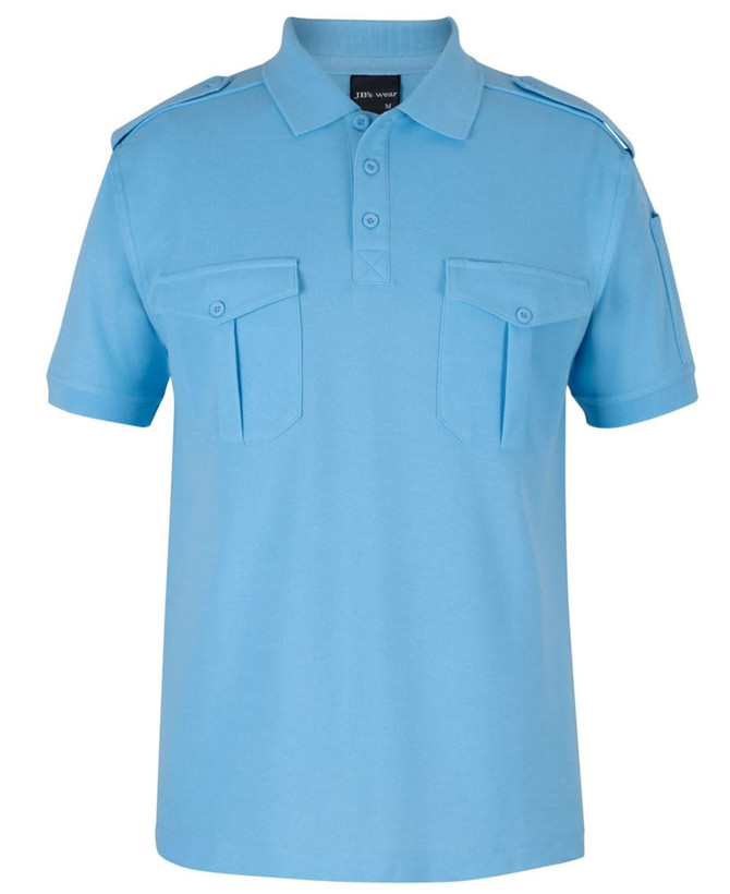 A light blue polo shirt featuring two chest pockets and shoulder epaulettes. It has a logo on the collar.
