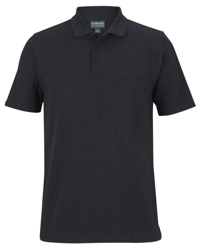 A black short-sleeved polo shirt with a collar and a logo on the chest area.