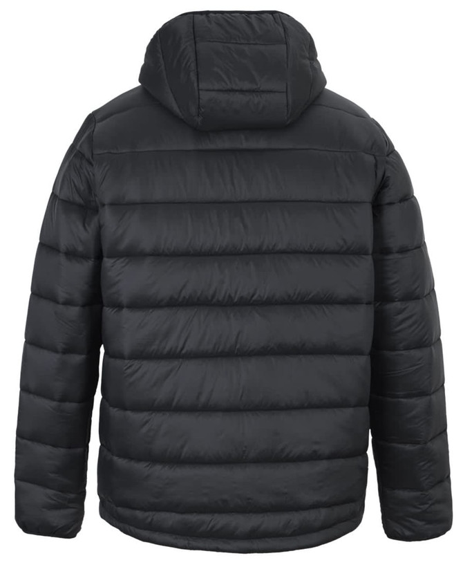 A black hooded puffer jacket featuring a quilted design and a logo. The jacket is shown from the back.