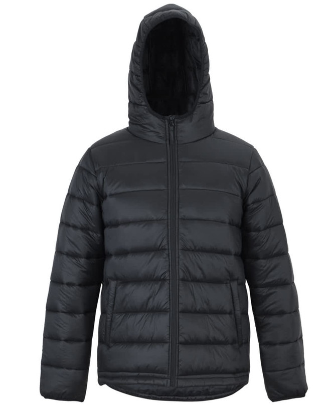 A black urban hooded puffer jacket featuring a zip front and a plush hood. The fabric has a sleek, quilted design.