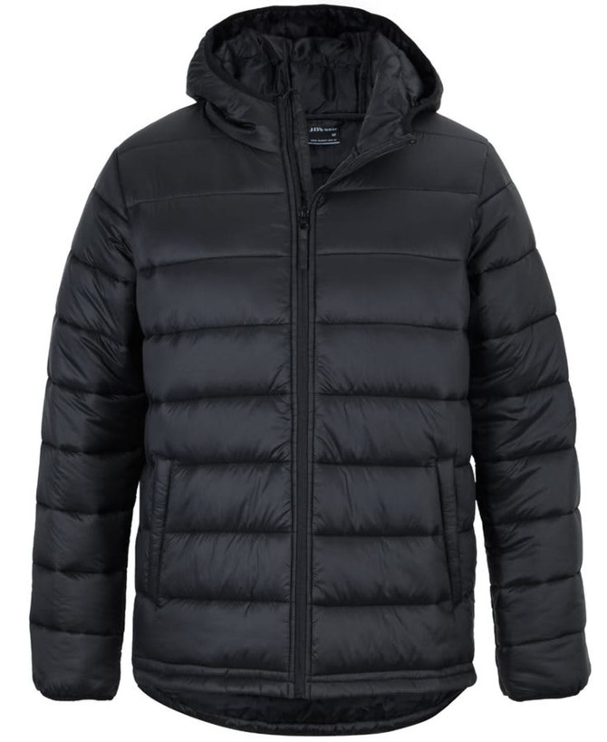 A black hooded puffer jacket with a zip front and quilted design, featuring a logo on the chest.