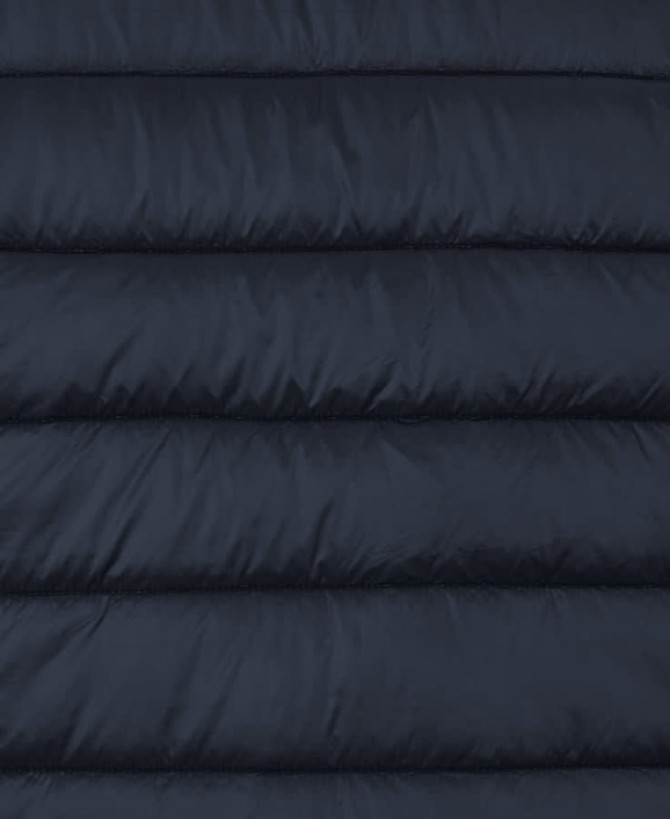 A dark navy puffer jacket with a quilted design and a concealed hood, featuring a logo.