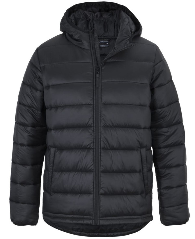 A black puffer jacket with a hood, featuring a zip front and side pockets, and a branding logo.