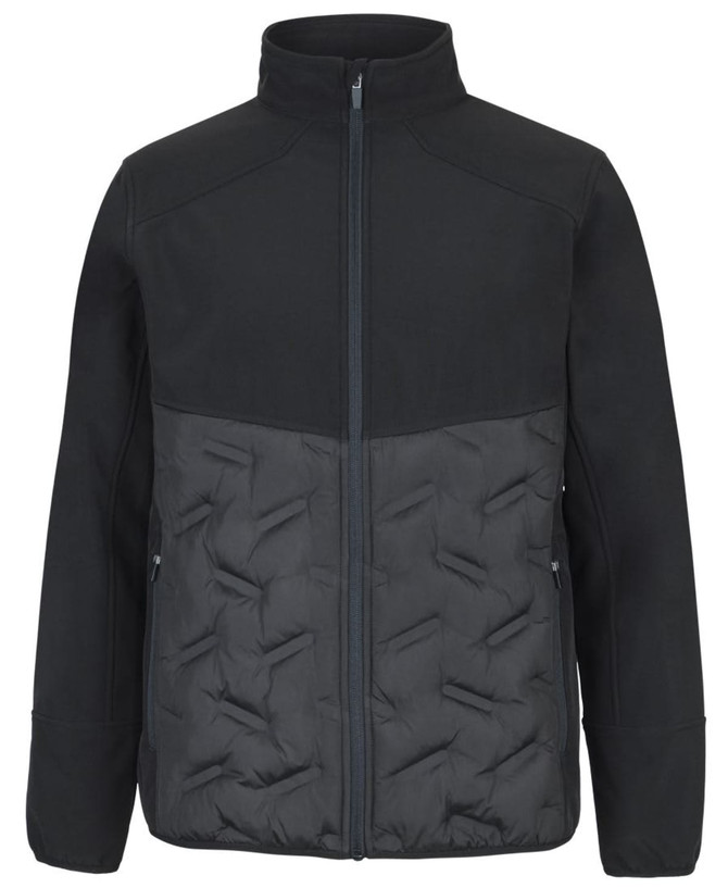 A black hybrid jacket featuring a soft shell upper and quilted lower section, with side pockets and a front zip.