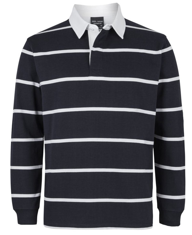 A striped navy and white long-sleeve polo shirt with a collar, featuring a logo on the chest.