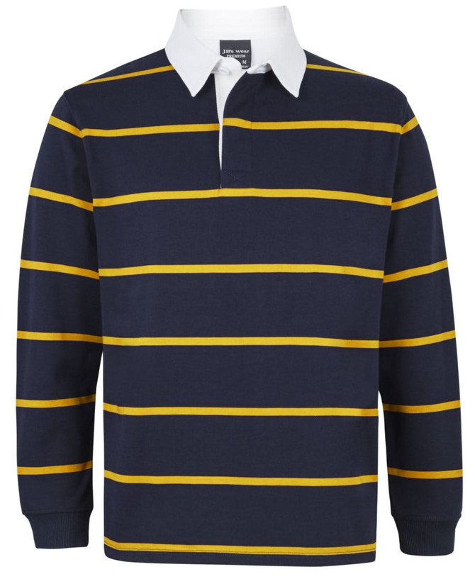 A navy and yellow striped rugby shirt with long sleeves and a white collar, featuring a logo.