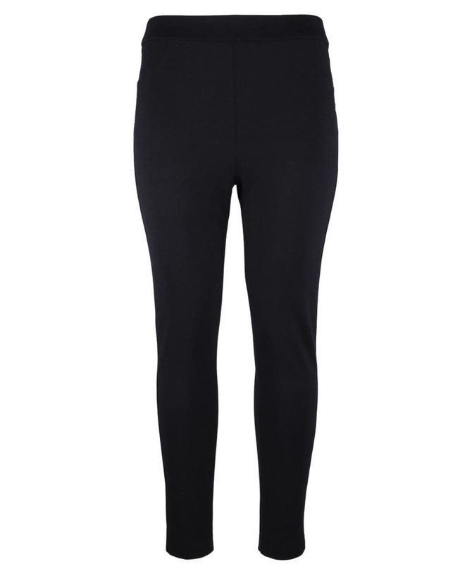 Black ladies' ponte pants with a sleek design. Features an elastic waistband and no visible logos.