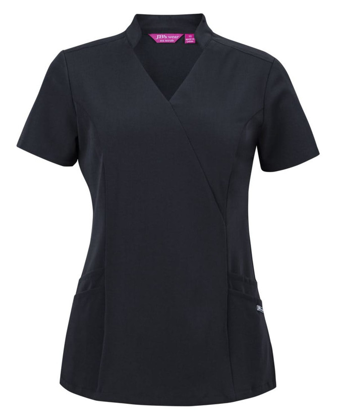 A black scrub top featuring a mandarin collar and short sleeves, with pockets and a logo.