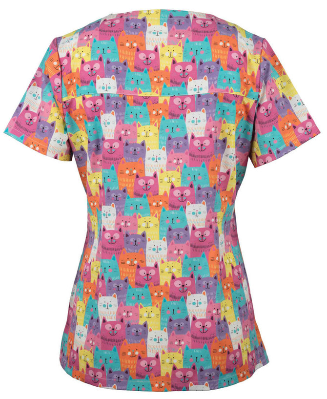 A brightly coloured scrub top featuring a playful cat print in various shades, with a logo present.