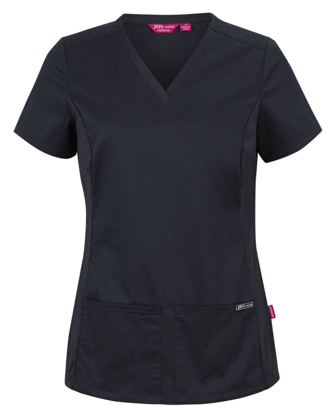 A black scrub top with a V-neck, short sleeves, and pockets, featuring a small logo on the side.