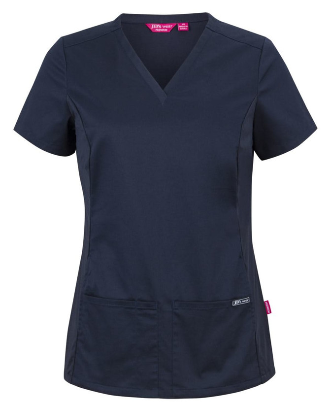 A navy scrub top featuring a V-neck design, short sleeves, and two front pockets. It has a branding logo.