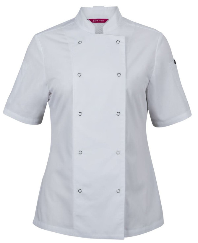 A white short-sleeve chef's jacket with snap button closures and a logo on the sleeve.