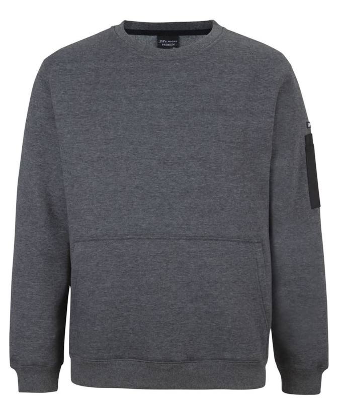 A grey crew neck fleece jumper with a front pocket and a side zipper pocket. It features a logo.