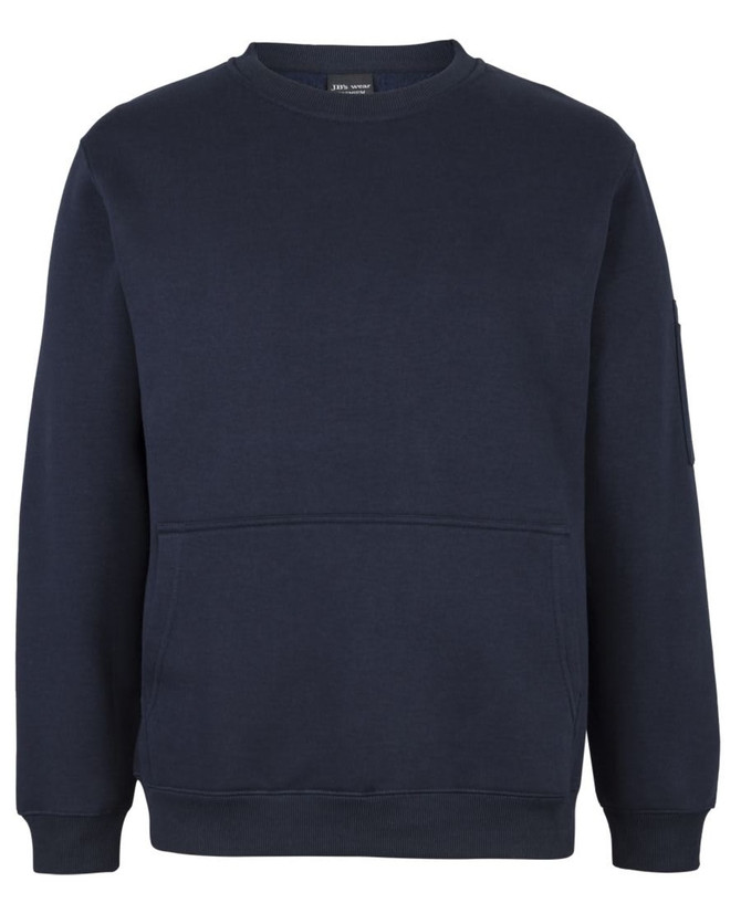 A navy blue crew neck fleece jumper with a front pocket and a sleeve pocket. It features a logo on the sleeve.