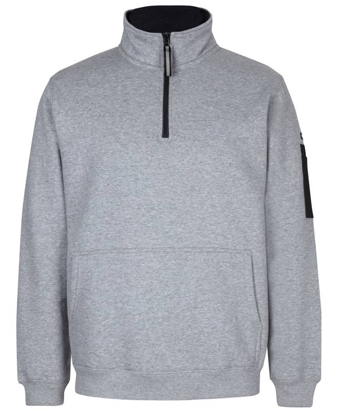 A grey polar fleece jumper featuring a half zip, a front pocket, and a sleeve pocket with a logo.