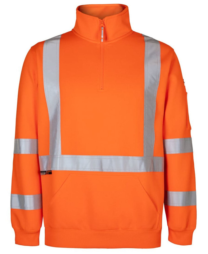 High-visibility orange fleece jumper featuring reflective stripes, designed for safety wear. Includes a zip collar and a pocket.