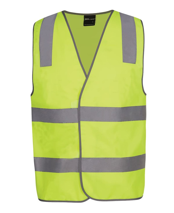 A high visibility safety vest in lime green with reflective silver strips, featuring a logo on the front.