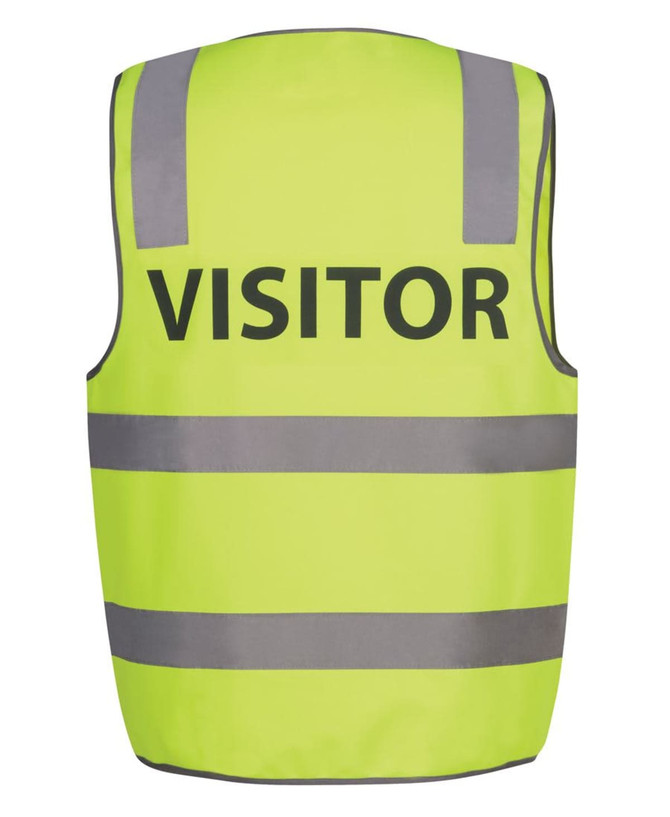 A lime safety vest featuring reflective stripes and a branding logo, marked with the word "VISITOR".