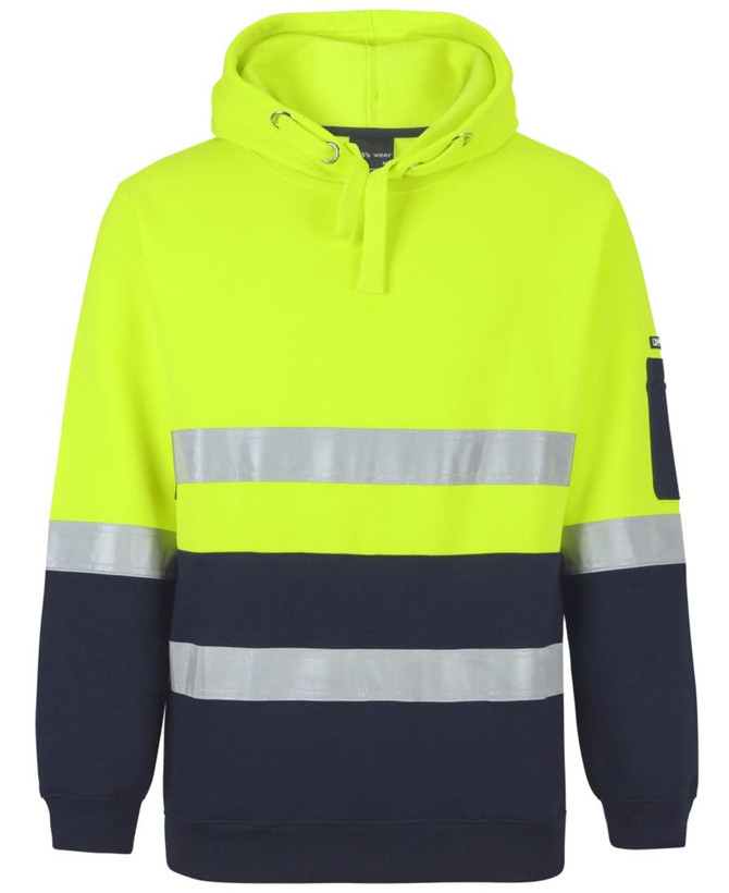 A high-visibility hoodie in bright yellow and navy, featuring reflective stripes and a logo. Suitable for workwear.