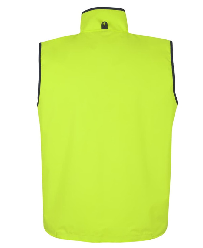A reversible vest in bright yellow with a black trim and a high collar. Features a logo on the back.