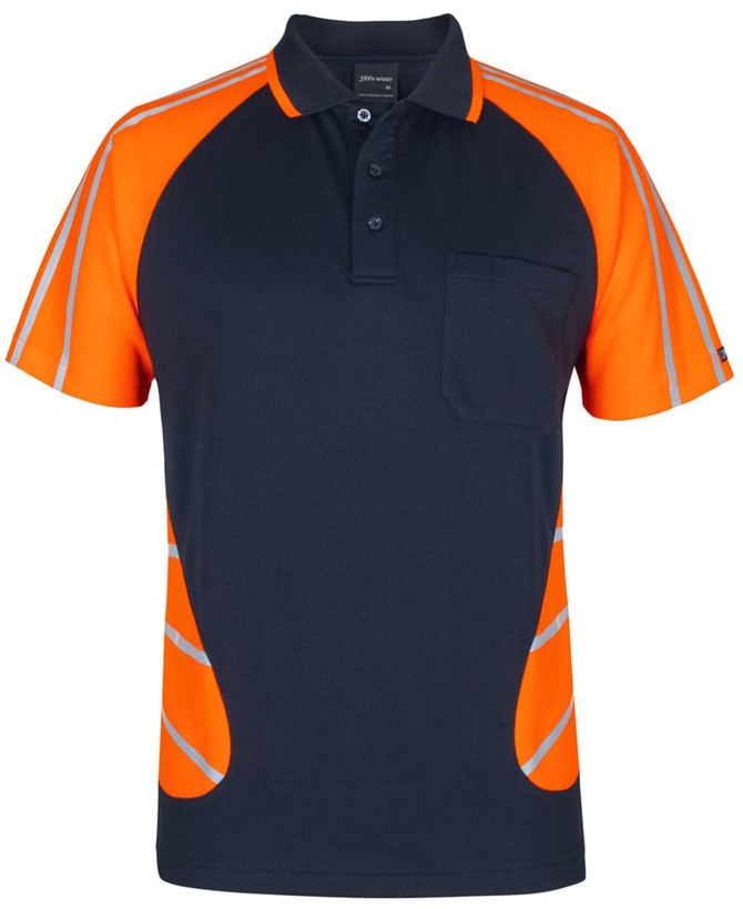 A navy polo shirt with reflective stripes and bright orange accents, featuring a pocket and a logo.