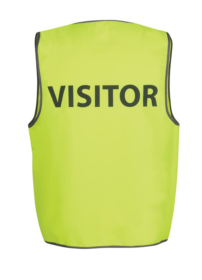 A high-visibility yellow safety vest with reflective edging, featuring the word "VISITOR" prominently on the back.