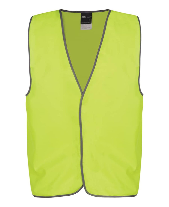 A high-visibility safety vest in bright yellow, featuring a sleeveless design and grey trim.