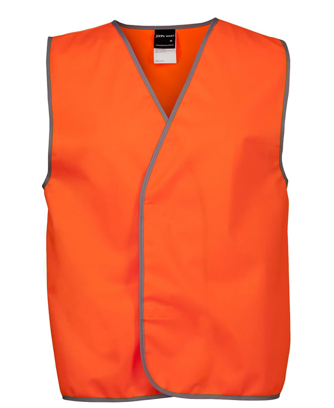 An orange safety vest with grey trimming, featuring a simple, sleeveless design and a logo.