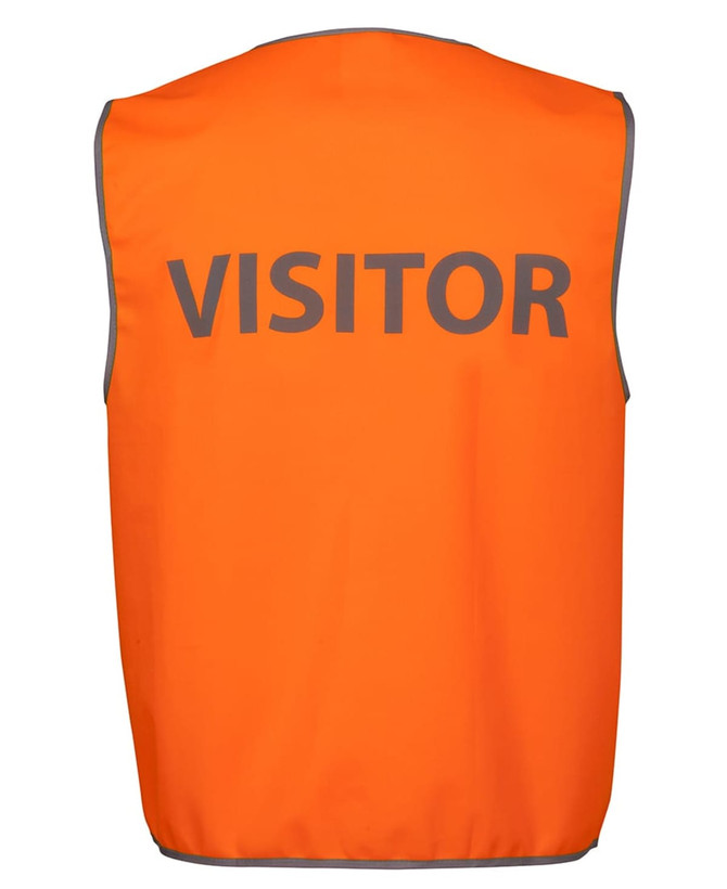 A high-visibility safety vest in bright orange with grey reflective trim, featuring the word "VISITOR" prominently displayed.
