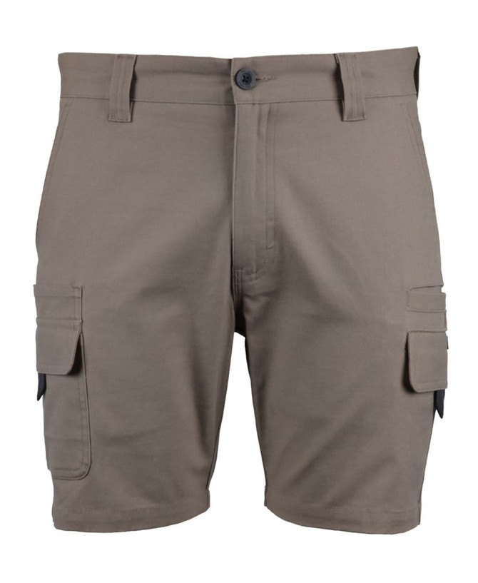Khaki multi-pocket shorts featuring a button closure and cargo-style pockets, with a branded logo.