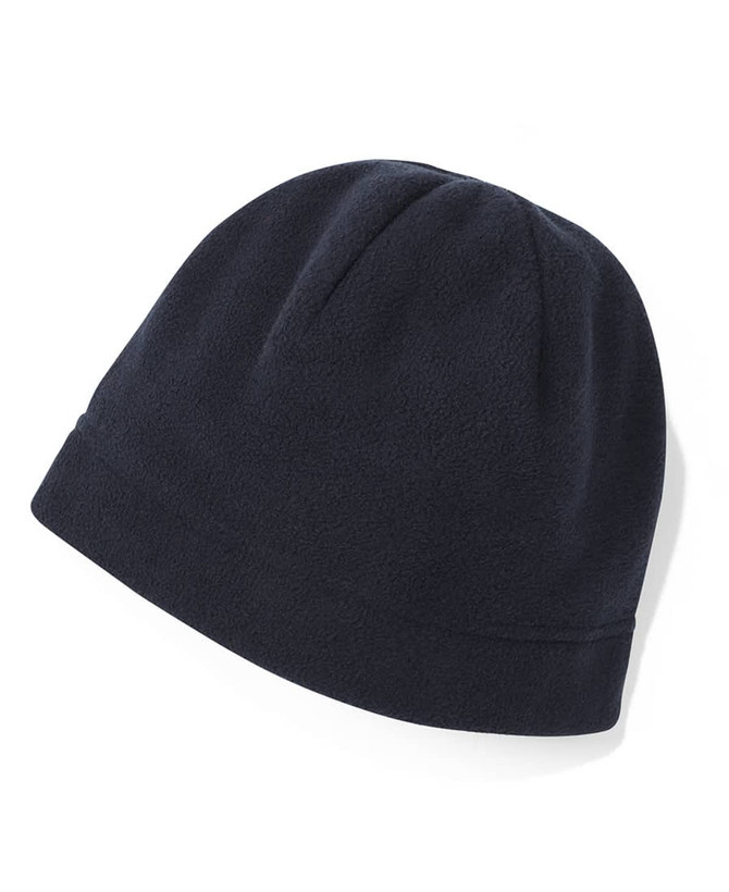 A navy blue polar beanie made from soft fleece material, featuring a simple design and a logo.