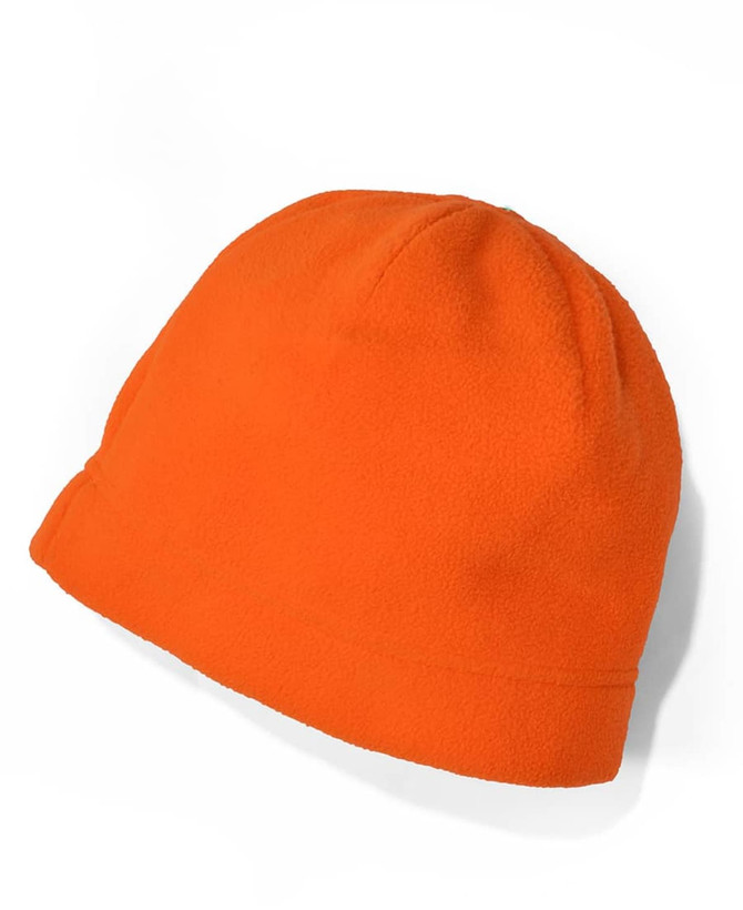 An orange fleece beanie with a rounded crown and a folded brim, featuring a logo.