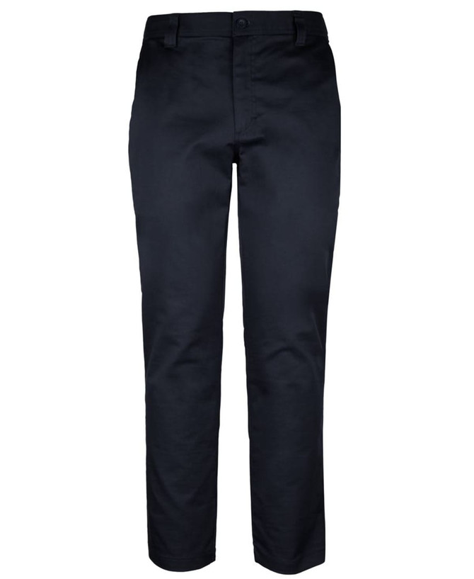 A pair of navy stretch twill pants designed for workwear, featuring a button closure and pockets.
