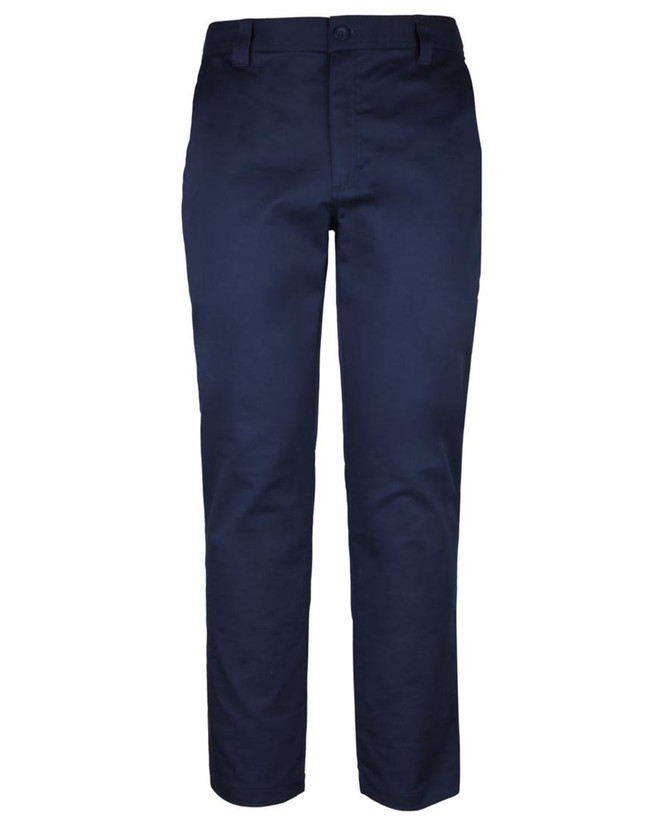 Navy stretch twill work pants with a straight fit and a waistband featuring a button closure. Includes a logo.