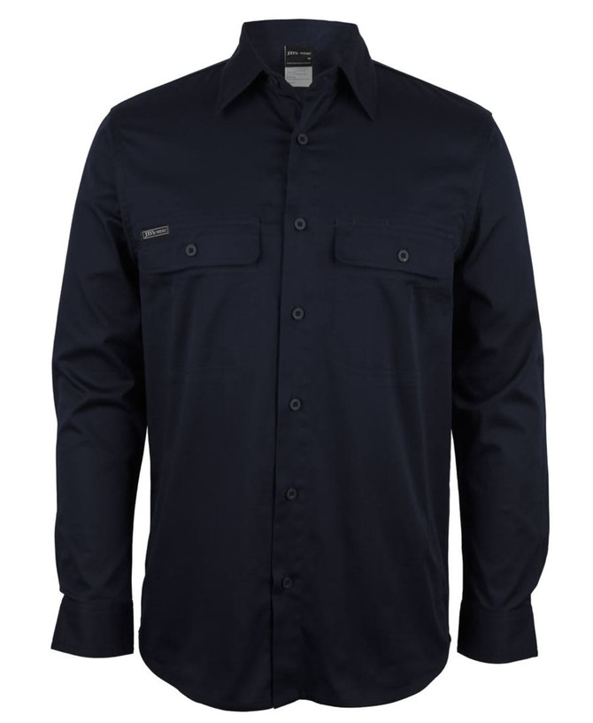 A navy long-sleeve work shirt featuring two chest pockets and a logo. Ideal for workwear use.