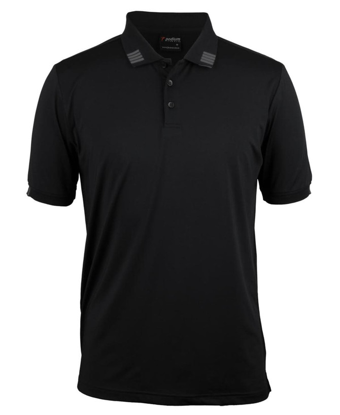A black short-sleeve polo shirt with a collared neckline and subtle striped detailing on the shoulders. It features a logo.