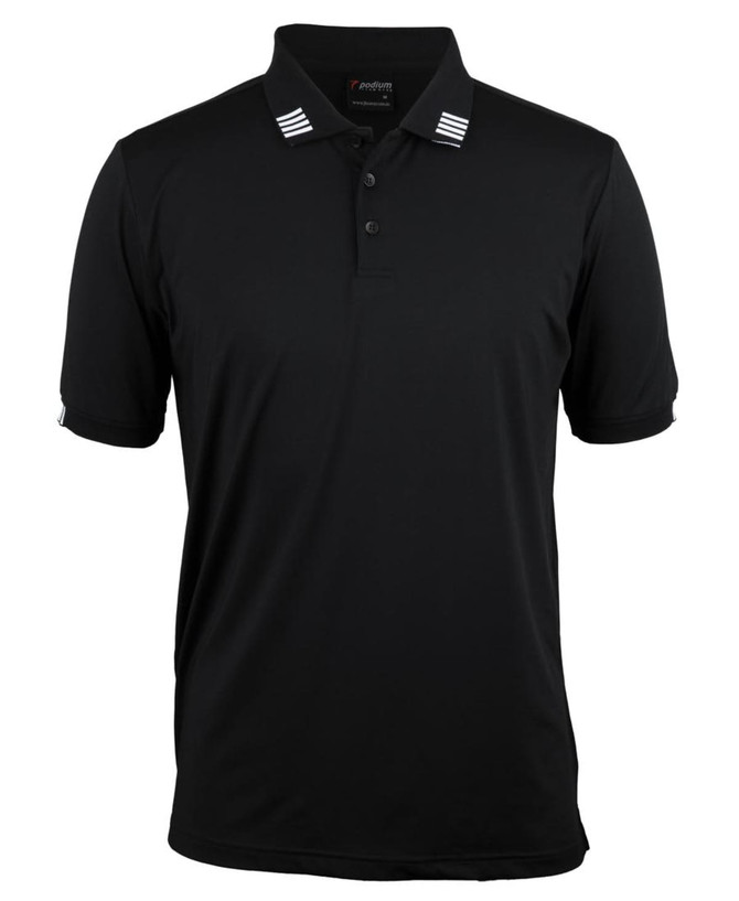 A black polo shirt featuring white stripe accents on the collar and sleeves, with a logo on the chest.