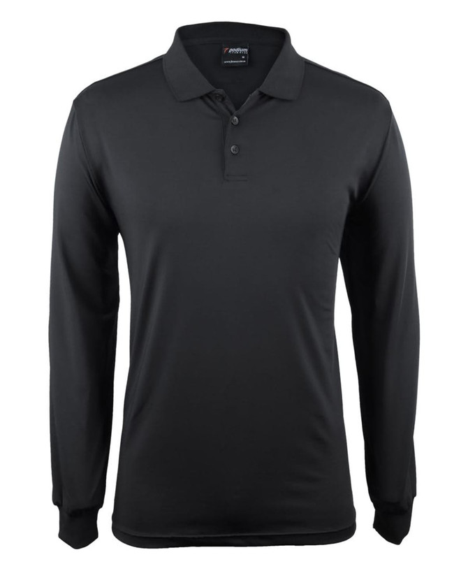 A black long-sleeved polo shirt featuring a collar and three buttons, with a logo on the upper side.