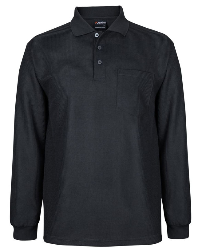 A black long-sleeve waffle-textured polo shirt with a pocket and a logo on the collar.
