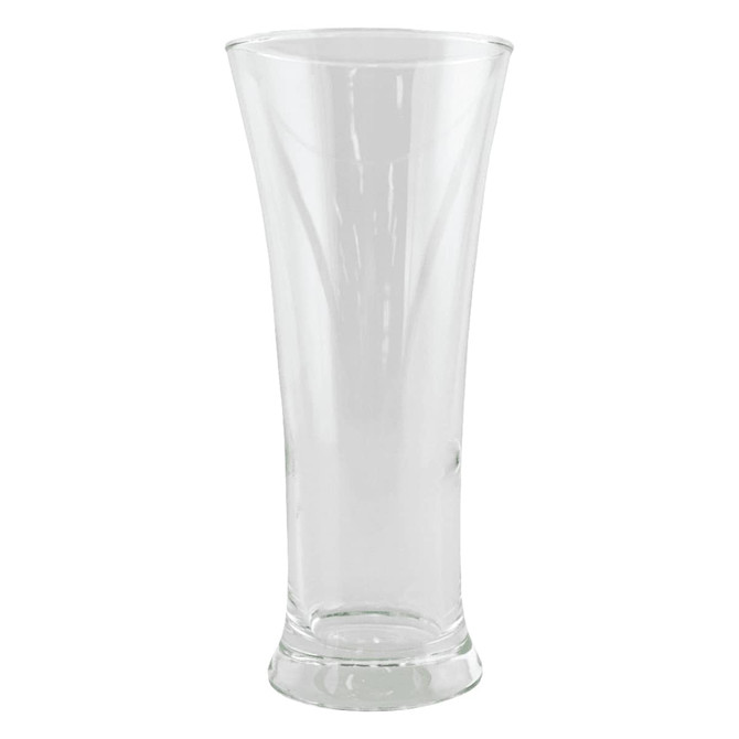 A clear glass Pilsner beer glass, featuring a tapered design and a sturdy base, ideal for serving beer.