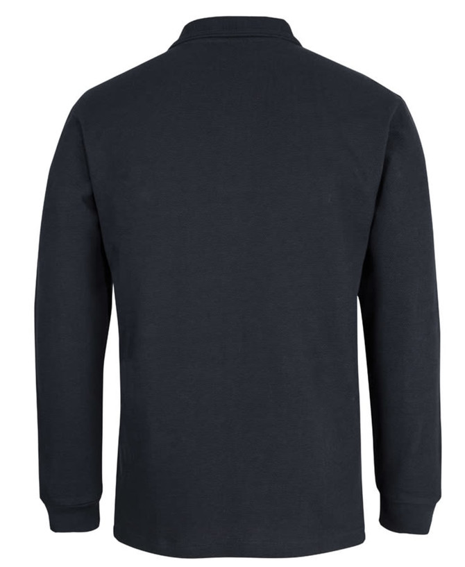 A black long-sleeve polo shirt featuring a collar and a simple design, with a logo on the chest area.