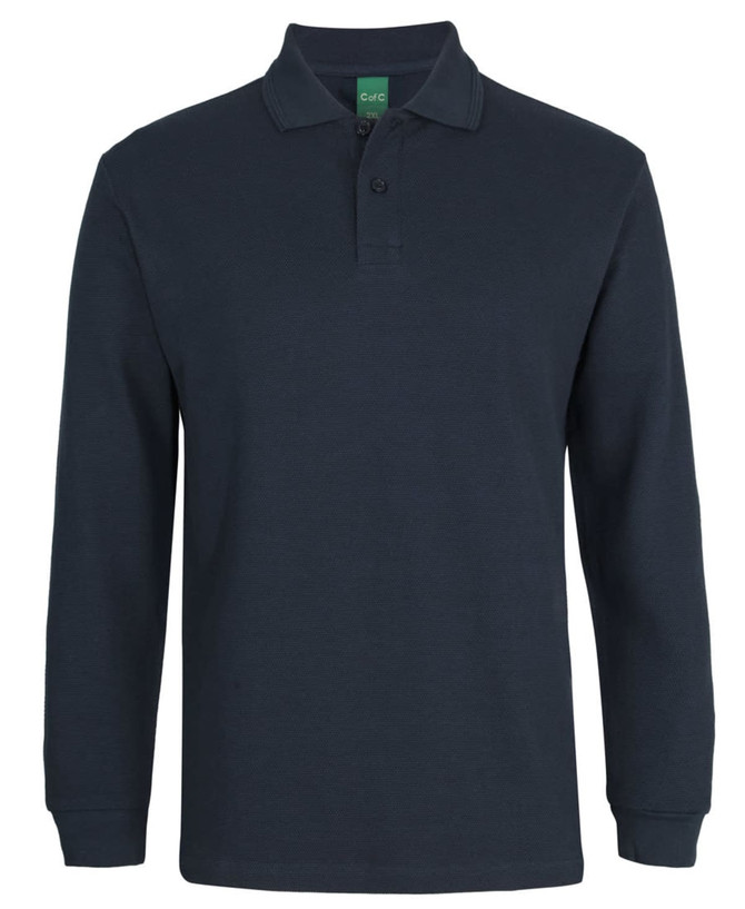 A long-sleeve polo shirt in navy blue with a branded logo on the chest.